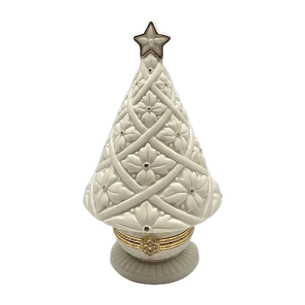 Ceramic Christmas Tree Hinged Trinket Box White Gold Stars‎ Holiday Decor 6 1/2